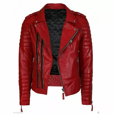 Buy Mens Real Sheepskin Red Leather Jacket Slim Fit Quilted Biker Jacket • 54.77£