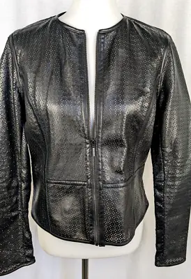 Buy H By Halston Womens Leather Jacket Sz 10 Black Perforated Cropped Moto NWOT • 33.24£
