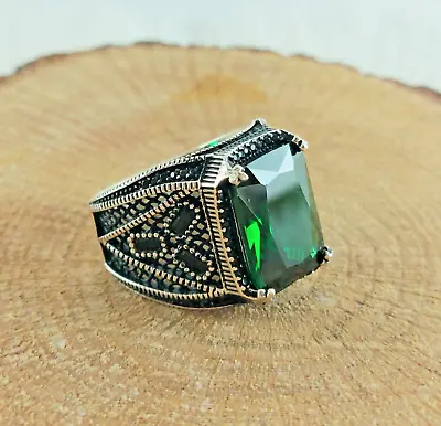 Buy 925 Sterling Silver Handmade Men's Ring With Square Shape Green Emerald Stone • 57.83£