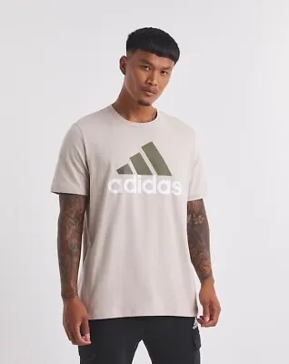 Buy New Mens Adidas Essentials Taupe Khaki Big Logo Crew Neck T-shirt Uk Seller • 13.50£