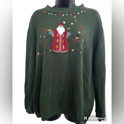 Buy CJ Banks Shirt Women 2X Sweater Green Holiday Santa Buttons Beaded Christmas • 19£