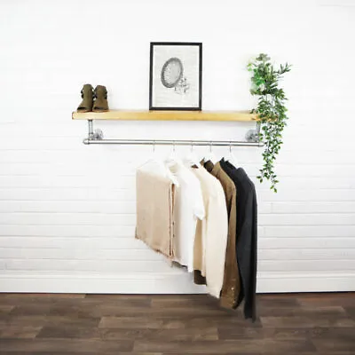 Buy Industrial Clothes Rail With Solid Wood Shelf, Silver Steel Elbow Pipe Style!! • 233.95£