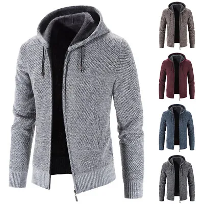 Buy Mens Knit Sweater Coat Hooded Jumper Cardigan Fleece Fur Lined Zip Hoodie Jacket • 18.70£