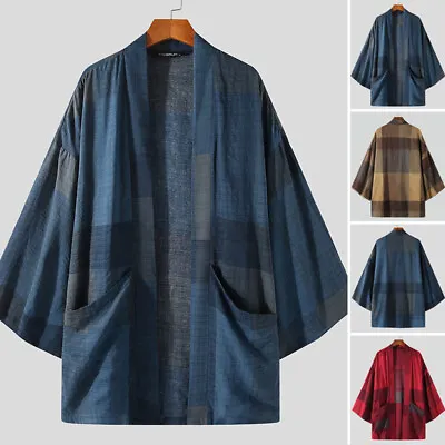 Buy Mens Japanese Kimono Coat Jacket Top Outwear Checked Plaids Casual Loose Parka • 14.56£