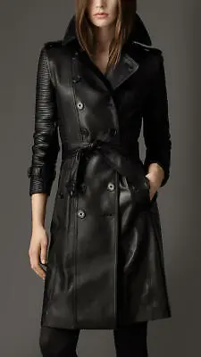 Buy Women Black Berry Genuine Leather Trench Coat • 104.99£