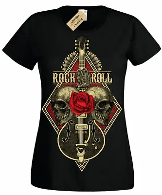 Buy Rock N Roll Guitar T-Shirt Womens Skull Metal Band Death Heavy Music Guitarist • 11.95£
