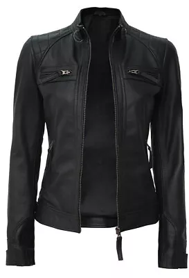 Buy Ladies Women Black Slim Fit Biker Lambskin Leather Designer Soft Leather Jacket • 70£