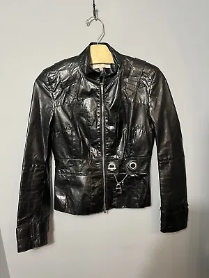 Buy Karen Millen 100% Real Leather Black Biker Jacket Zip Padlock Detail Size UK 8 • 89.99£