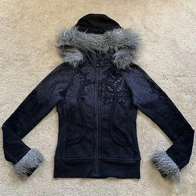 Buy EUC Lululemon LIMITED EDITION #2646 Fur Trimmed Hoodie Jacket BLACK GRAY 4 SMALL • 163.88£