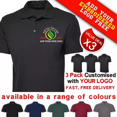 Buy Custom Embroidered Polo Shirt Personalised With Your OWN LOGO | 3 POLOS • 30£
