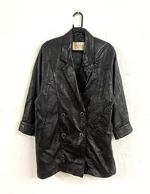 Buy Vintage 80s Retro Black Real Leather Double Breasted Coat Jacket Size 14 • 24.99£
