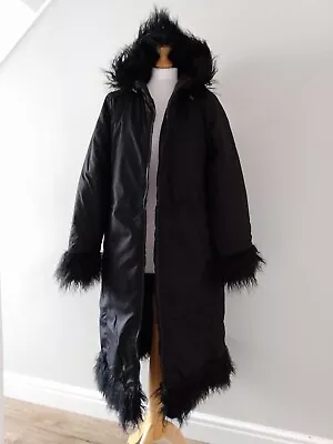 Buy Long Black Coat Faux Fur Trim Hood Alt Grunge Goth Padded Warm Puffer Vintage 90 • 38£