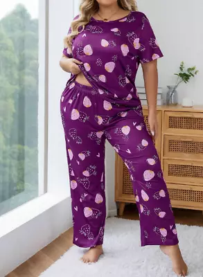 Buy Pyjama Set Plus 20 22 24 26 28 Purple Strawberry Stretch Loungewear Lightweight • 11.50£