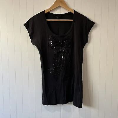 Buy Witchery Womens Size L Black Top T-shirt Sequin Bow Casual Fun Long Tee • 7.43£