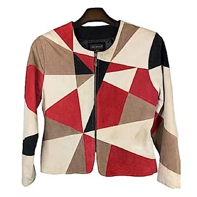 Buy Karen Arnold Suede Leather Jacket Ladies Size M Cream Red Black Tan Zip Front • 28.42£