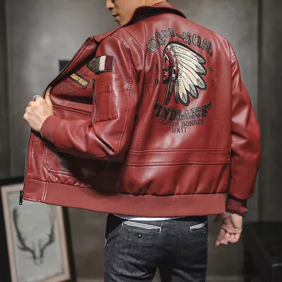 Buy Mens Embroidery Biker Leather Jacket Vintage Motorcycle Fashionable Bomber Coat • 31.97£
