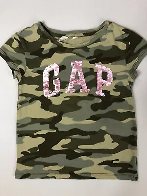 Buy GAP T Shirt Camo Girls Small  6-7 Reversable Sequin Pink Silver Logo Short Sleav • 3.46£
