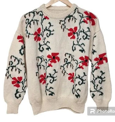 Buy Vtg Handmade Knitted Floral Christmas Jumper Size 10 12 14 Cream Red Green • 20£
