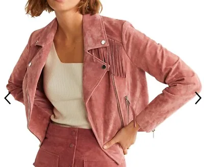 Buy Women's Deep Pink MANGO Tassel Leather Biker Jacket - Small • 40£