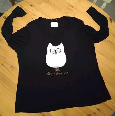 Buy Ladies Pyjama Night Wear Top Size 22 Black With Cute Owl Super Soft With Stretch • 3.59£