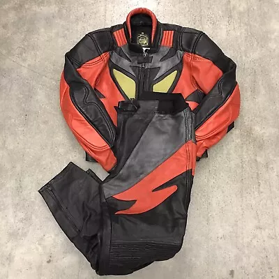 Buy J&S Motorcyle Jacket And Trousers Red Black Yellow Leather Size 46 Womens • 49.99£