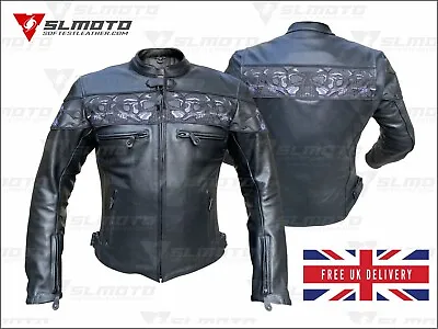 Buy Men's Black Skull Leather Motorcycle Biker Genuine Cowhide Embroidered Jacket • 124.99£