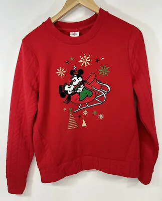 Buy Disney Store Christmas Jumper Mickey Minnie Sleigh Red Embroidered UK S 8/10 • 11.04£