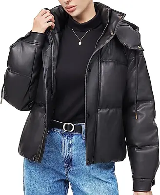 Buy NWT Black Hooded Faux Leather Coat High Collar Puffer Jacket Sz M • 33.74£