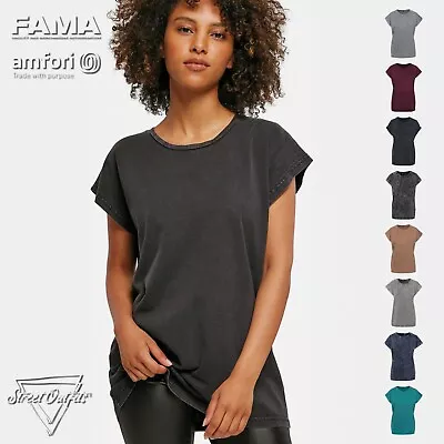 Buy Womens Acid Washed T-Shirt Wide Neck Top Extended Shoulder Turn-Up Sleeves Tee • 11.89£