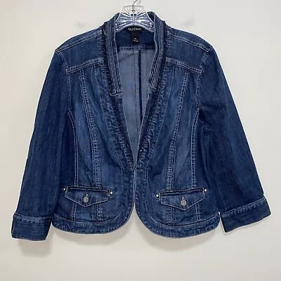 Buy White House Black Market Size 12 Blue Denim Jacket Ruffles Embellished Cotton Bl • 14.47£