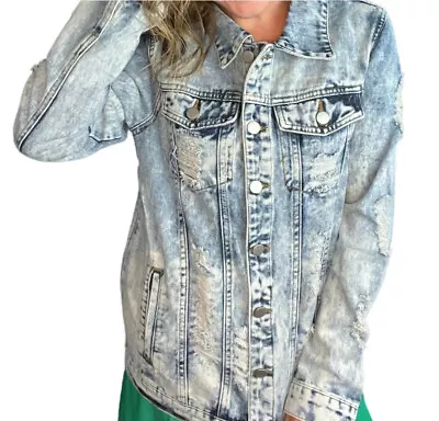 Buy Distressed Destroyed Womens Jean Jacket Blue Pockets Denim Jacket Clothing • 48.03£