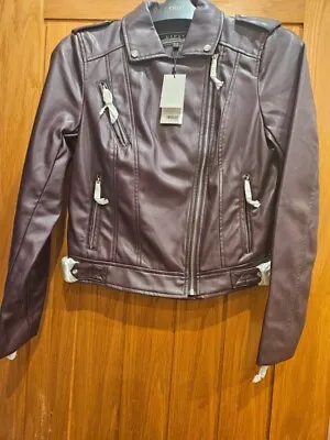 Buy BNWT Womens Lipsy Faux Leather Burgundy Biker Jacket UK10 • 29.99£