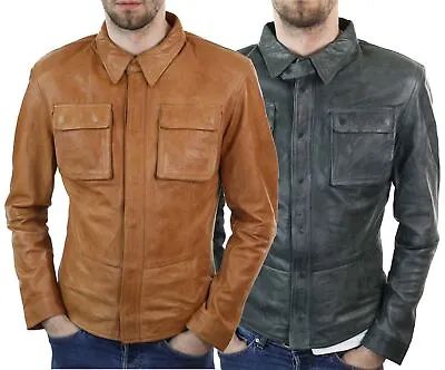 Buy Mens Stud Shirt Real Leather Jacket Tan Grey Black Vintage Skinny Slim Fit Retro • 87.99£