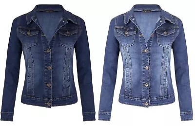 Buy New Womens Mid Wash Blue Denim Chest Pocket Button Long Sleeve Jean Jacket Coat • 26.99£