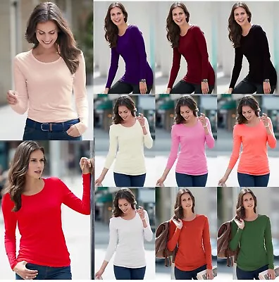 Buy New Ladies Long Sleeve T-Shirt Women Round Neck Plain Basic Top Plus Size 8-26 • 8.99£