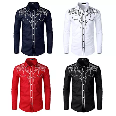 Buy UK Mens Western Cowboy Shirt Long Sleeve Retro Embroidery Casual Buttons Shirt • 13.55£