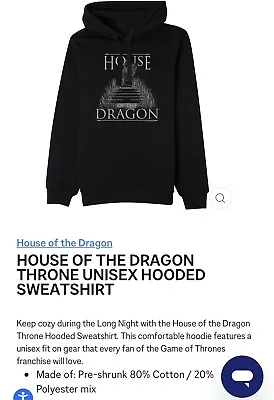 Buy HOUSE OF THE DRAGON - Game Of Thrones - BLACK HOODED SWEATSHIRT SIZE M • 19.99£