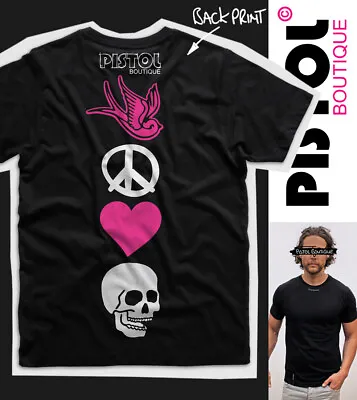 Buy Pistol Boutique Men's Black Crew Neck SPINE LOGOS HEART SKULL Back Print T-shirt • 26.99£