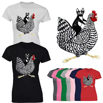 Buy Tuxedo Cat On A Chicken Ladies T-Shirt Funny Novelty Womens Gift Tshirt • 8.99£