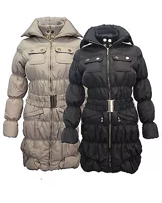 Buy Ladies Women High Neck Collar Quilted Padded Waist Belt Puffer Coat Jacket 8-16 • 33.59£