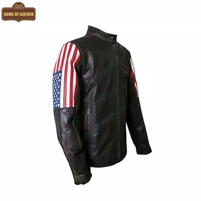 Buy Men USA Flag Cafe Racer United States Of America Biker Leather Distressed Jacket • 130.12£