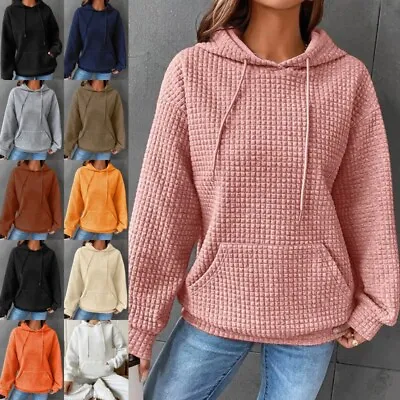 Buy Women Waffle Long Sleeve Hoodie Tops Ladies Casual Baggy Plain Hooded Sweatshirt • 17.89£