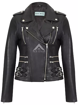 Buy MYSTIQUE Ladies Real Leather Jacket Black Designer Biker Motorcycle Jacket 7113 • 97.58£