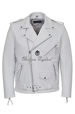 Buy BRANDO Leather Jacket WHITE Biker Style 100% REAL HIDE LEATHER BIKER STRONG MBF • 124.75£