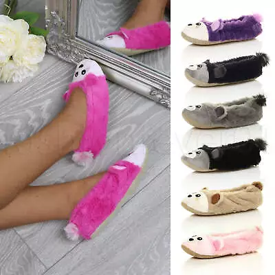 Buy Womens Ladies Cute Raccoon Fluffy Fur Lined Lounge Non-slip Sock Slippers Size • 6.99£
