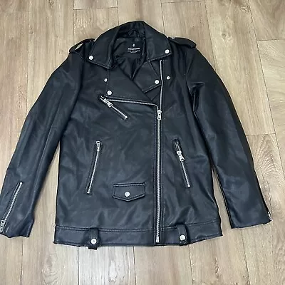 Buy Women’s Stradivarius Size XS Black Faux Leather Biker Jacket Long Silver Zips  • 9.99£