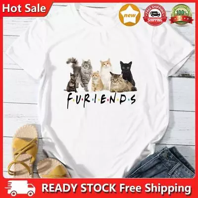 Buy Cat Friends Print T-Shirt Cute And Funny Cat Pattern Short Sleeve Top-013988 • 11.46£