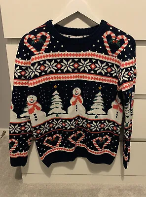 Buy Primark Navy Red Christmas  Candycane Snowman Musical Jumper  Size Small • 10£
