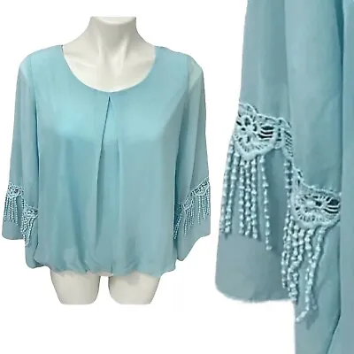 Buy ALYX Top Womens Small Blouse Sheer Boho Hi Low Lace Blue Office Spring Career • 11.47£