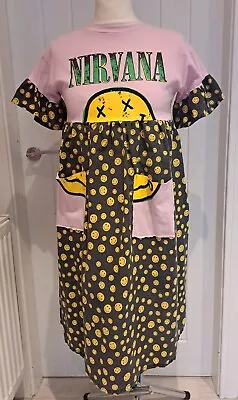 Buy Handmade Unique Recycled Upcycled Pink Nirvana Smiley Tshirt Dress Size XS 6-8 • 25£